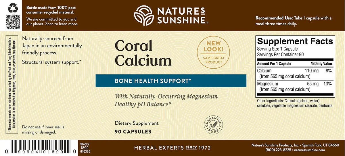 Natures Sunshine Coral Calcium supplement label showing 90 capsules, with product name, benefits, supplement facts, and barcode on a beige background.