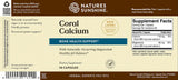 Natures Sunshine Coral Calcium supplement label showing 90 capsules, with product name, benefits, supplement facts, and barcode on a beige background.