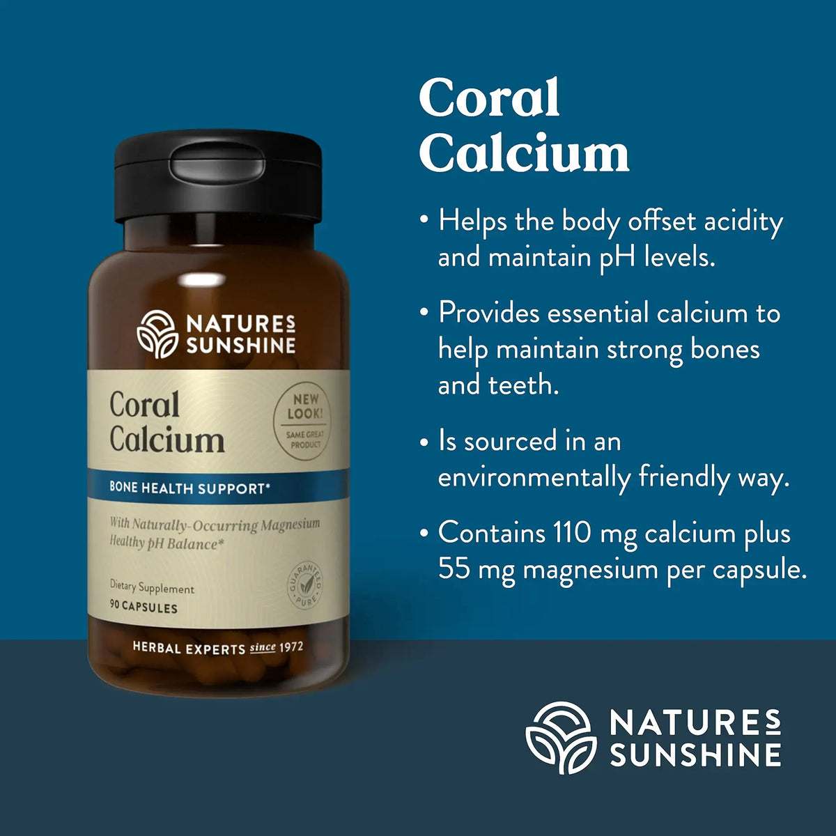 Natures Sunshine Coral Calcium supplement bottle with product details on a blue background