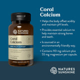 Natures Sunshine Coral Calcium supplement bottle with product details on a blue background
