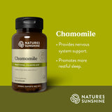 A bottle of Natures Sunshine Chamomile herbal supplement capsules shown on a solid olive green background with promotional text on the right.