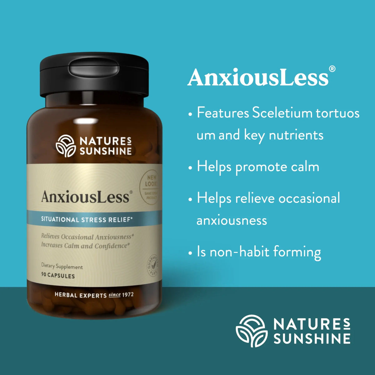 An advertisement for Natures Sunshine AnxiousLess dietary supplement, showing a brown bottle with a black cap on the left, and descriptive text on a teal background on the right.