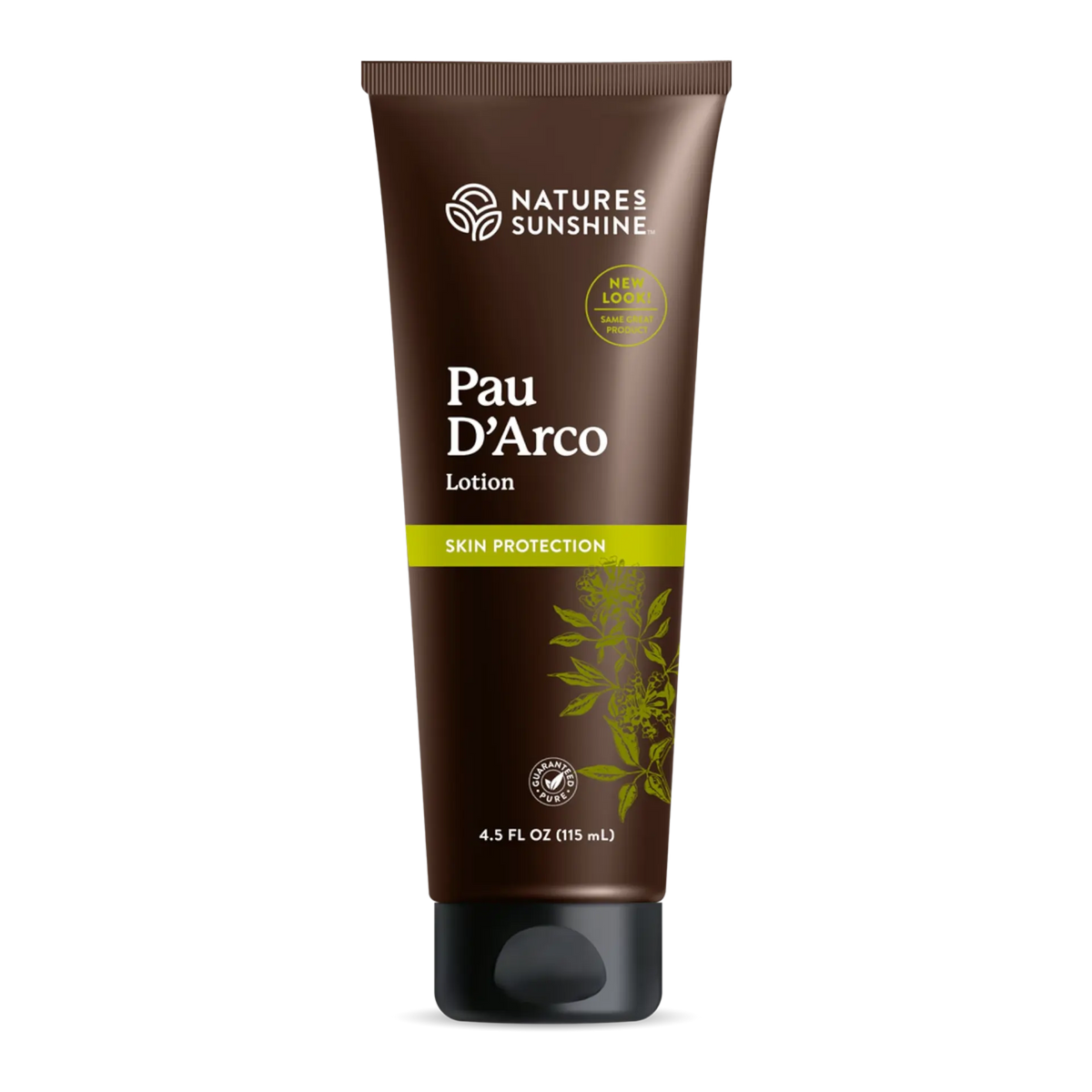 A 4.5 fl oz brown squeeze tube of Nature's Sunshine Pau D'Arco Skin Protection Lotion, featuring a black cap and a green accent band on a white background.