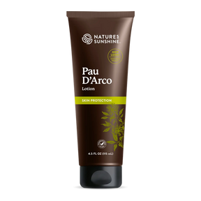A 4.5 fl oz brown squeeze tube of Nature's Sunshine Pau D'Arco Skin Protection Lotion, featuring a black cap and a green accent band on a white background.