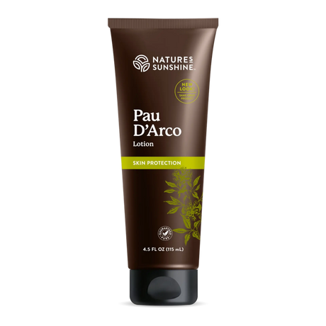 A 4.5 fl oz brown squeeze tube of Nature's Sunshine Pau D'Arco Skin Protection Lotion, featuring a black cap and a green accent band on a white background.