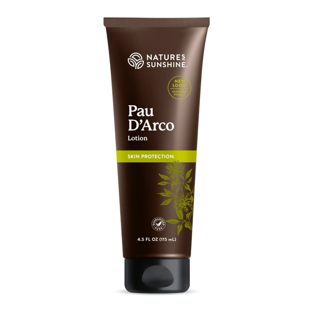 A 4.5 fl oz brown squeeze tube of Nature's Sunshine Pau D'Arco Skin Protection Lotion, featuring a black cap and a green accent band on a white background.