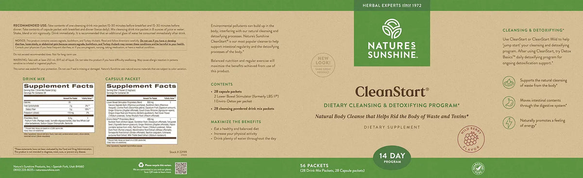 A flat, front-facing view of a supplement box labeled Nature's Sunshine CleanStart, showing the product packaging with supplement facts, ingredients, and a green footer band on a tan background.