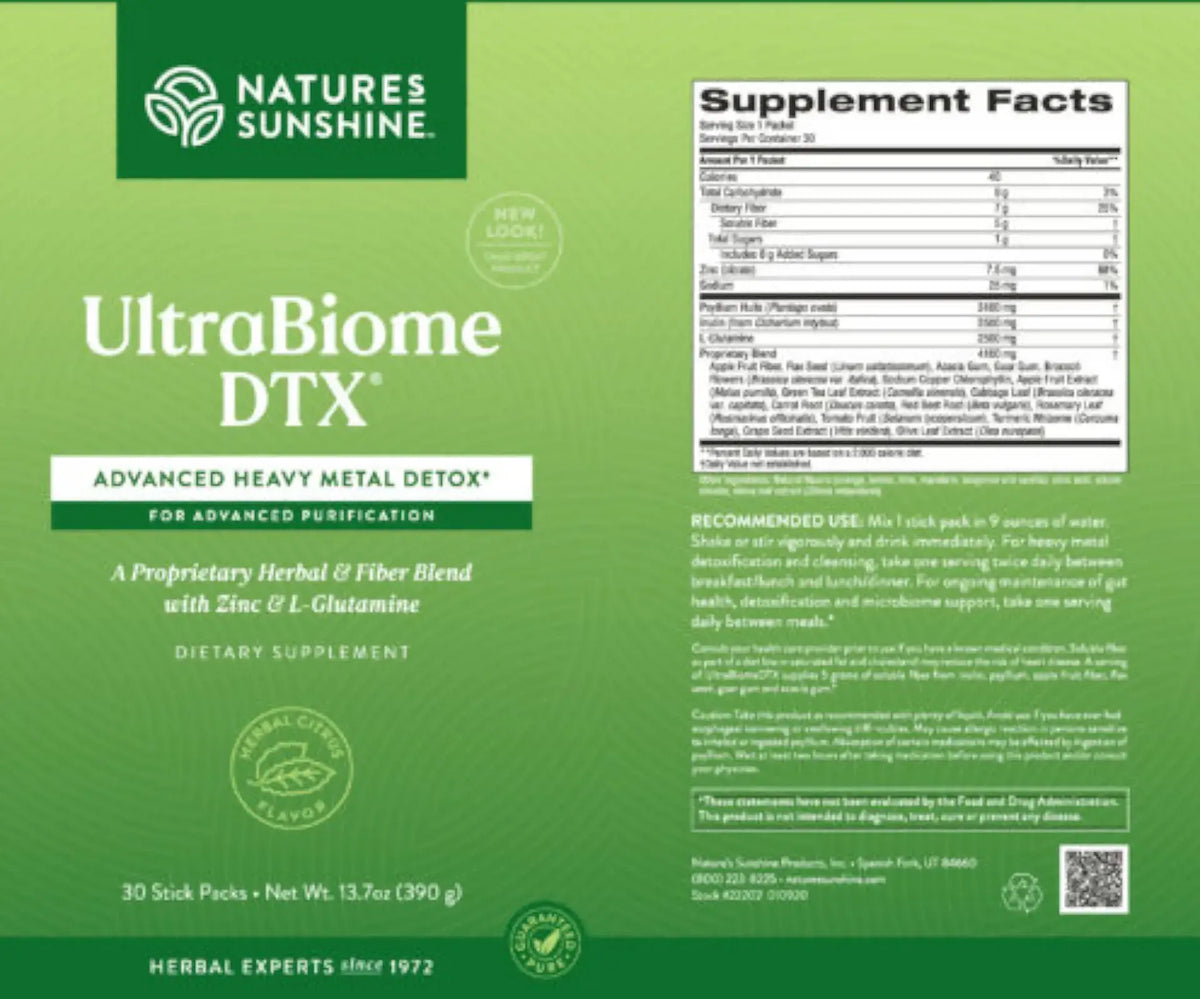 Front and back of a Nature's Sunshine UltraBiome DTX dietary supplement box on a green background, showing the product name, supplement facts panel, recommended use, and QR code.