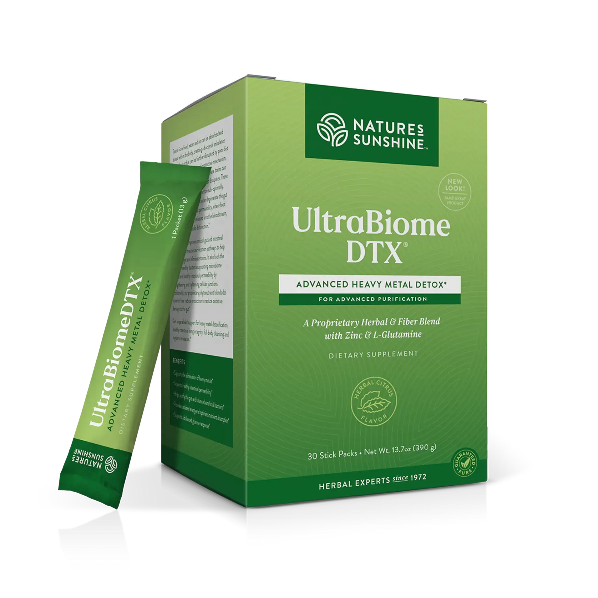 Nature's Sunshine UltraBiome DTX dietary supplement box in green, shown with a single stick pack standing in front on a clean white background.