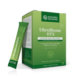 Nature's Sunshine UltraBiome DTX dietary supplement box in green, shown with a single stick pack standing in front on a clean white background.