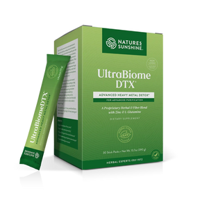 Nature's Sunshine UltraBiome DTX dietary supplement box in green, shown with a single stick pack standing in front on a clean white background.
