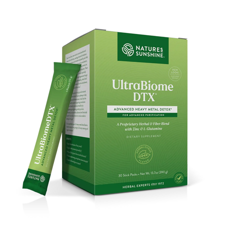 Nature's Sunshine UltraBiome DTX dietary supplement box in green, shown with a single stick pack standing in front on a clean white background.