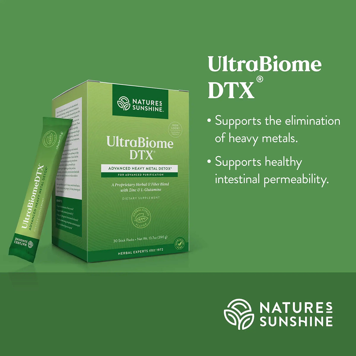 Nature's Sunshine UltraBiome DTX dietary supplement packaging on a green background, including a box, a single sachet, and marketing text.