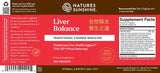 Natures Sunshine Liver Balance dietary supplement box front and back label, featuring a red and white design with product details, ingredients, and supplement facts.