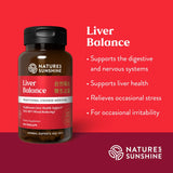 Natures Sunshine Liver Balance herbal supplement bottle on a red background with text describing its benefits for digestive, nervous, and liver health.
