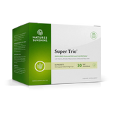 Nature's Sunshine Super Trio dietary supplement box, featuring a green and white packaging design with a 30-day program label.
