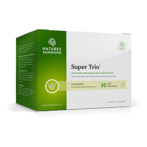 Nature's Sunshine Super Trio dietary supplement box, featuring a green and white packaging design with a 30-day program label.
