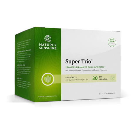 Nature's Sunshine Super Trio dietary supplement box, featuring a green and white packaging design with a 30-day program label.