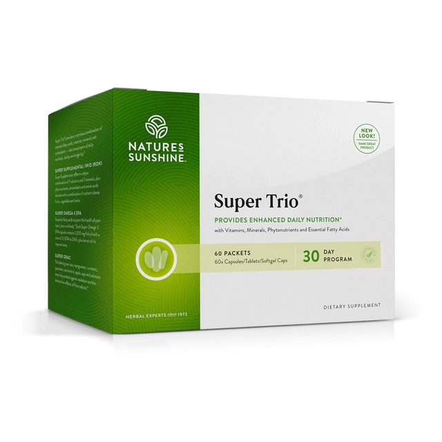Nature's Sunshine Super Trio dietary supplement box, featuring a green and white packaging design with a 30-day program label.