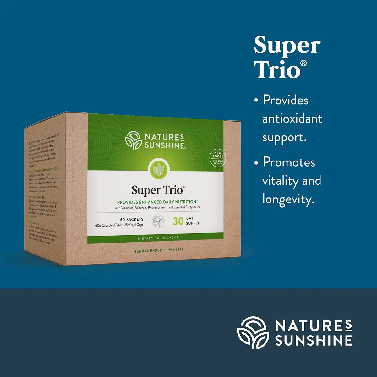Natures Sunshine Super Trio supplement package on a blue background