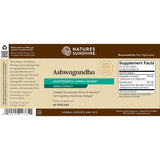 Front and back views of a Natures Sunshine Ashwagandha herbal supplement box, showing the product name, ingredients, and supplement facts on a beige and brown background.