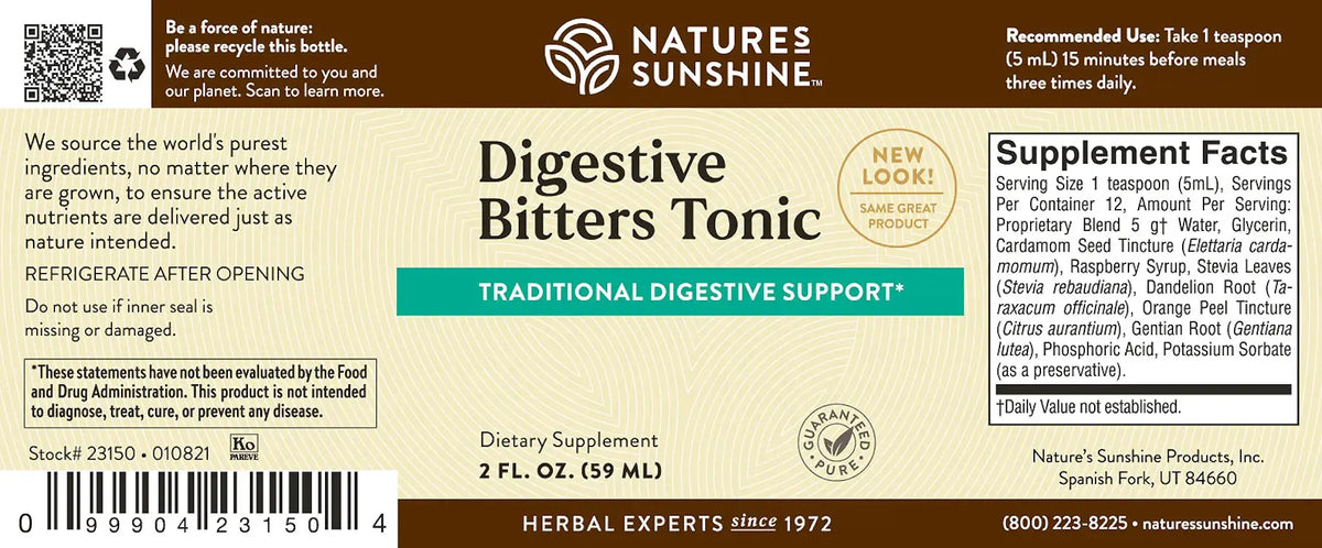 Natures Sunshine Digestive Bitters Tonic supplement label showing product details, usage, and supplement facts on a beige background with brown and green text.