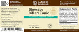 Natures Sunshine Digestive Bitters Tonic supplement label showing product details, usage, and supplement facts on a beige background with brown and green text.