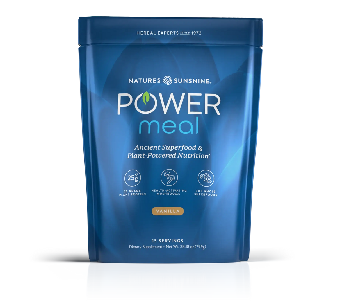 A blue stand-up pouch of Nature's Sunshine Power Meal vanilla herbal supplement, shown on a white background with a soft reflection.