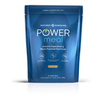 A blue stand-up pouch of Nature's Sunshine Power Meal vanilla herbal supplement, shown on a white background with a soft reflection.