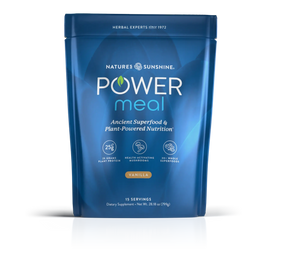 A blue stand-up pouch of Nature's Sunshine Power Meal vanilla herbal supplement, shown on a white background with a soft reflection.