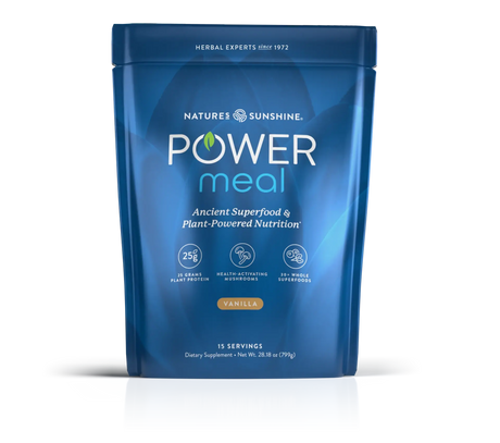 A blue stand-up pouch of Nature's Sunshine Power Meal vanilla herbal supplement, shown on a white background with a soft reflection.