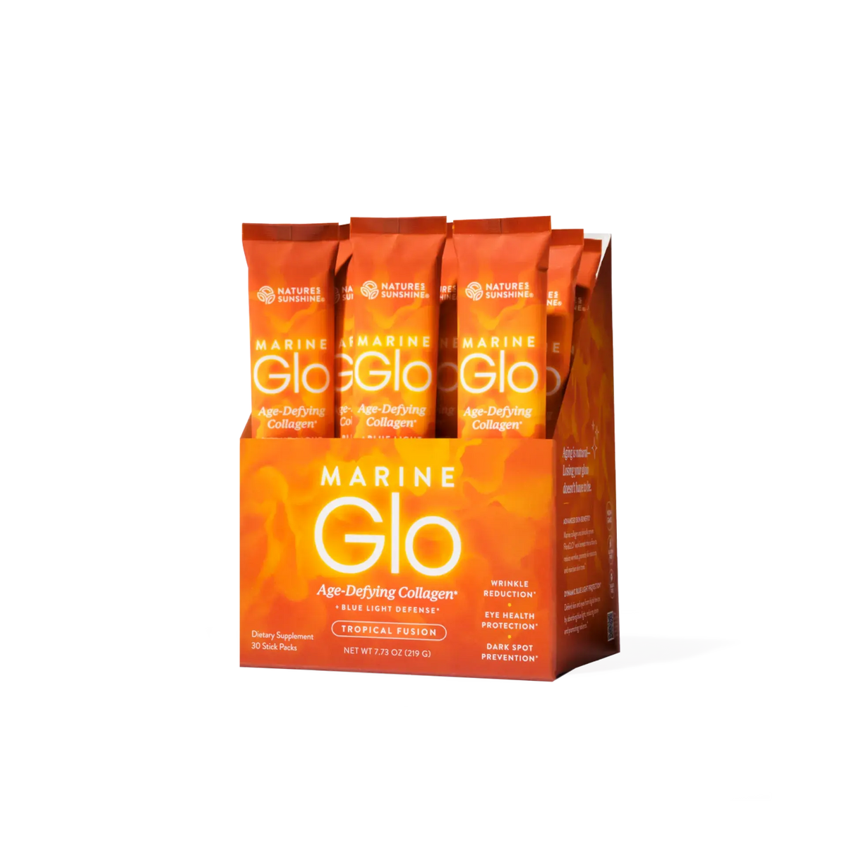 A six-pack display of Nature's Answers Marine Glo Age-Defying Collagen dietary supplement sticks in a tropical fusion flavor, shown on a clean white background.
