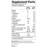 A Supplement Facts nutrition label showing a container of marine collagen and Floraglo Lutein. The label lists serving size as 1 stick pack (7.