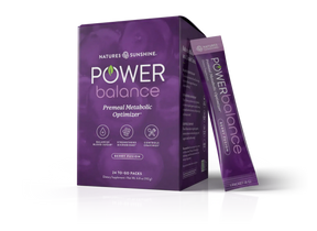 Nature's Sunshine Power Balance pre-meal metabolic optimizer dietary supplement packaging, showing a purple box with a single matching stick pack standing beside it on a white background.