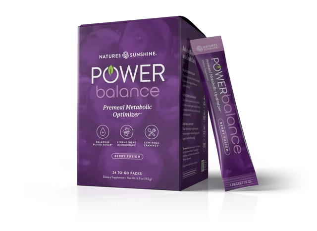Nature's Sunshine Power Balance pre-meal metabolic optimizer dietary supplement packaging, showing a purple box with a single matching stick pack standing beside it on a white background.