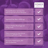 A purple promotional infographic for Power Balance premeal metabolic optimizer, featuring five benefit callouts with icons and checkmarks on a blurred purple berry background.