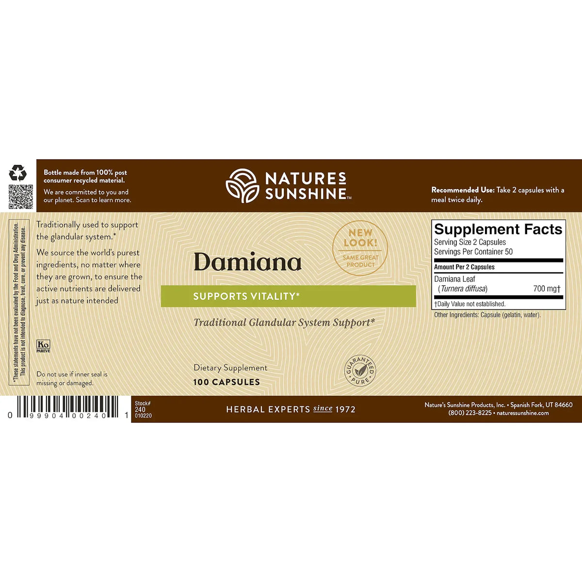 Natures Sunshine Damiana dietary supplement box showing product details, supplement facts, and a barcode on a white background.