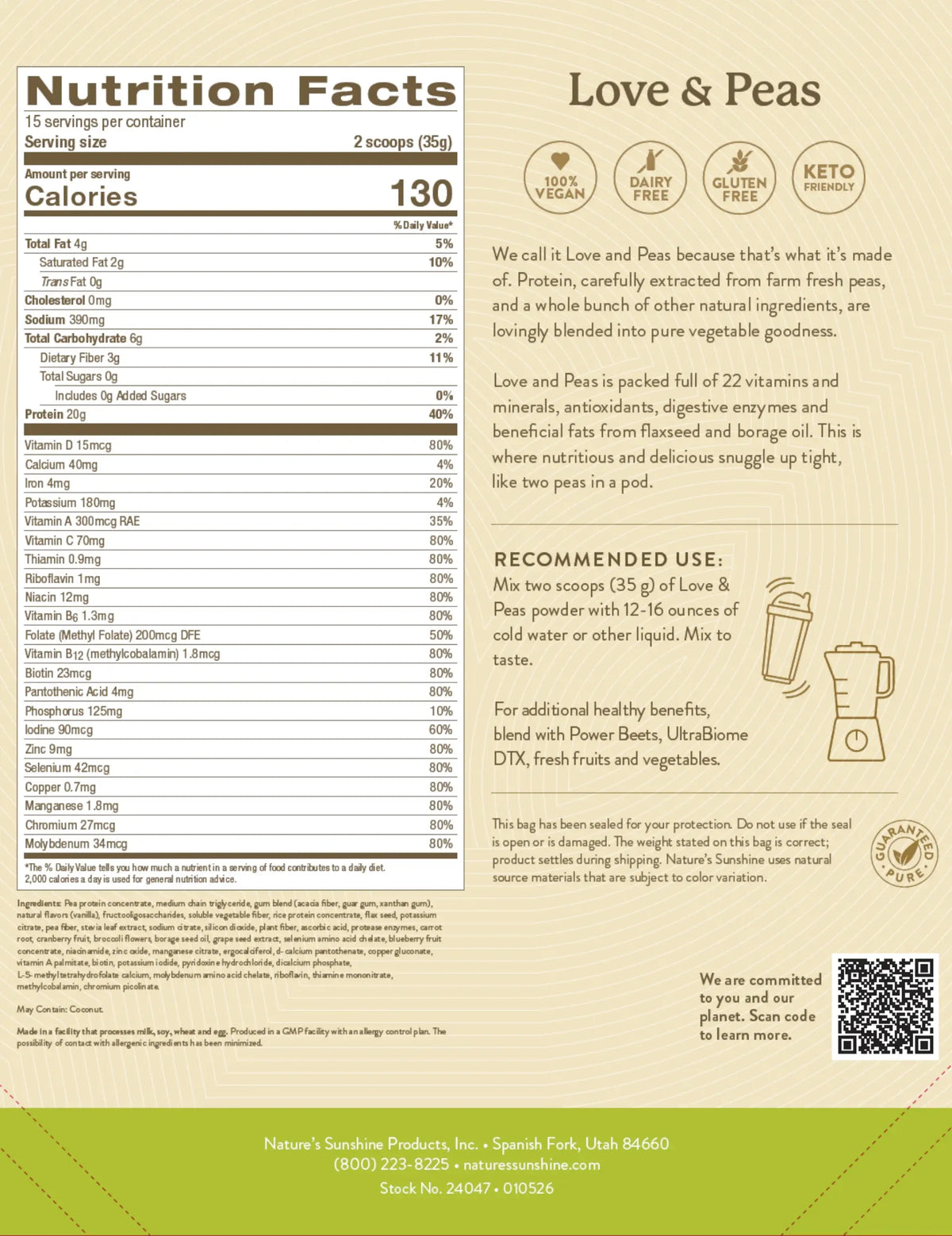 Back of a Nutrition Facts label for Nature's Sunshine Love & Peas protein powder, showing serving size, calories, nutrients, ingredients, recommended use, QR code, and company contact info on a white background with a green footer.