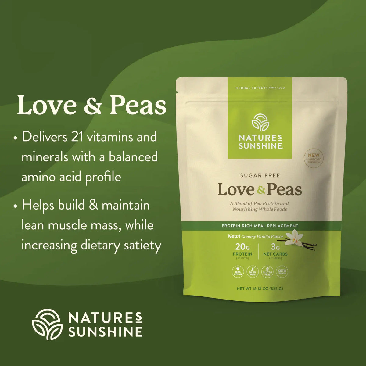 Nature's Sunshine Love & Peas meal replacement pouch on a dark green background with product benefits text on the left.