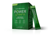 Nature's Sunshine Power Greens dietary supplement box in green, with one single-serve packet standing beside it on a clean white background.