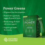 Natures Sunshine Power Greens supercharged nutrient complex in a green box with a single stick pack beside it, on a green promotional background with marketing text.