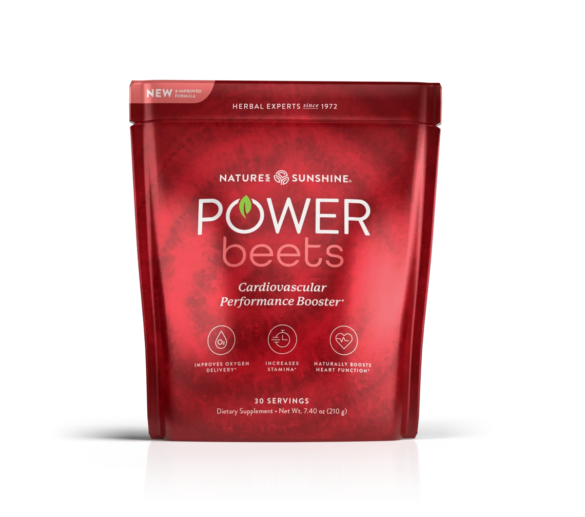 A red stand-up pouch of Nature's Sunshine Power Beets Cardiovascular Performance Booster, shown on a clean white background with a soft reflection underneath.