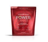A red stand-up pouch of Nature's Sunshine Power Beets Cardiovascular Performance Booster, shown on a clean white background with a soft reflection underneath.