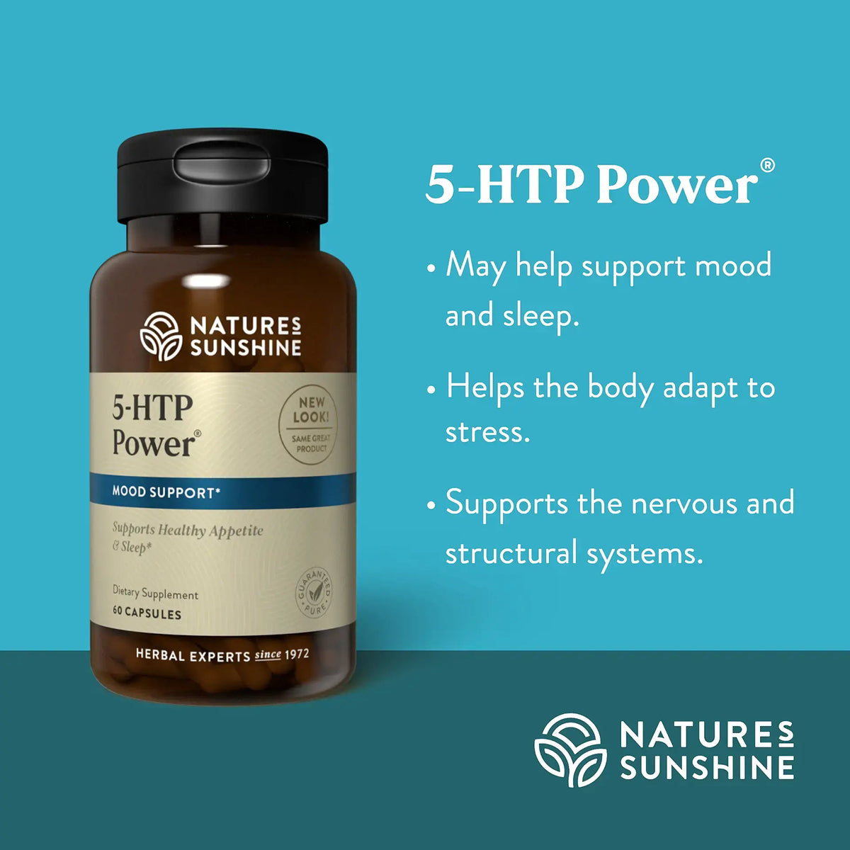 Natures Sunshine 5-HTP Power supplement bottle on a blue background with product details.