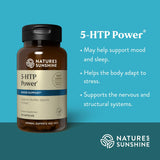 Natures Sunshine 5-HTP Power supplement bottle on a blue background with product details.