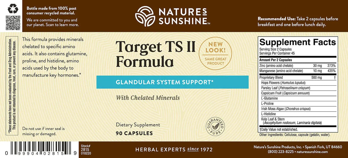 Front and back label of Nature's Sunshine Target TS II Formula dietary supplement, showing product name, ingredients, supplement facts, and barcode on a brown and beige background.