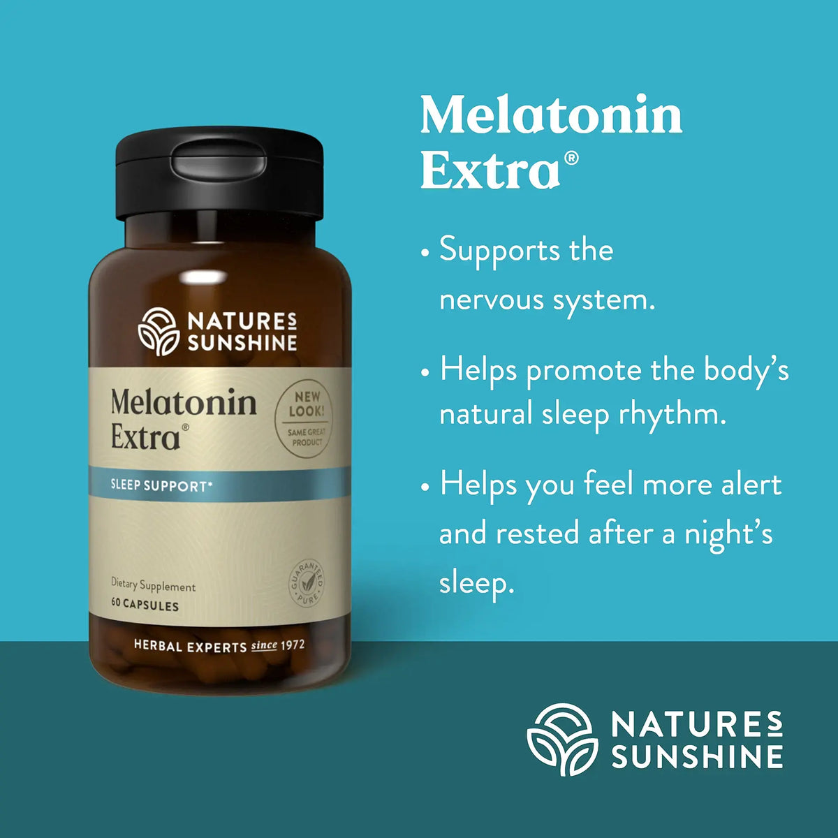 Nature's Sunshine Melatonin Extra sleep support supplement bottle on a teal background with product benefits listed in white text.