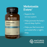 Nature's Sunshine Melatonin Extra sleep support supplement bottle on a teal background with product benefits listed in white text.