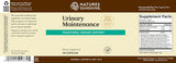 Front and back label of Natures Sunshine Urinary Maintenance herbal supplement, showing product details, ingredients, and supplement facts on a brown and beige background.