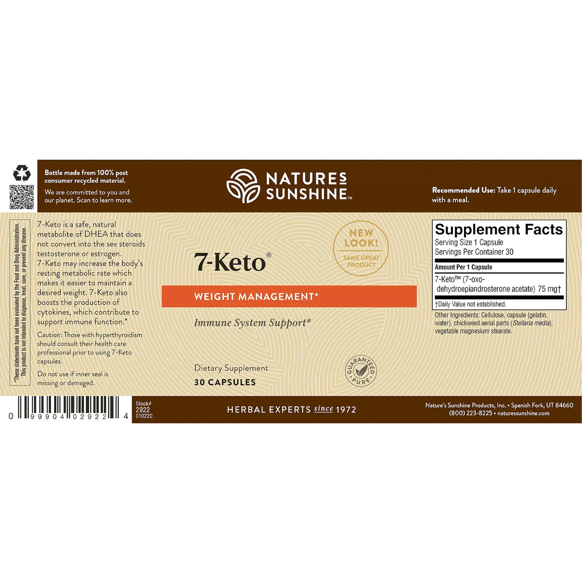 The back of a Natures Sunshine 7-Keto Weight Management dietary supplement box, showing the supplement facts, ingredients, and usage information.